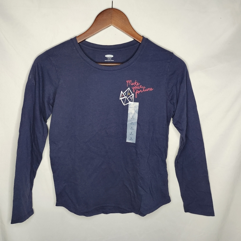 New Girls Old Navy Blue Make Fortune Graphic Crew Neck Tee Shirt Size L 10-12